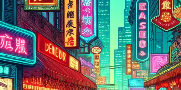 A lively red-light district scene blending Eastern and Western adult entertainment cultures, illuminated by neon lights at twilight.