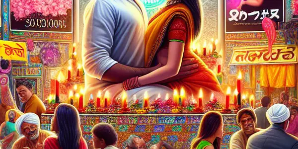 A vibrant Indian marketplace showcasing diverse people, traditional snacks, and film posters blending Indian and Japanese adult entertainment themes.
