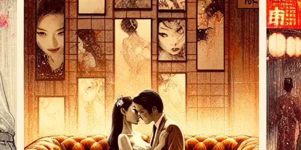 A triptych showcasing intimate moments: vintage erotica, vibrant Tokyo nightlife, and a serene woman by a tranquil lake.