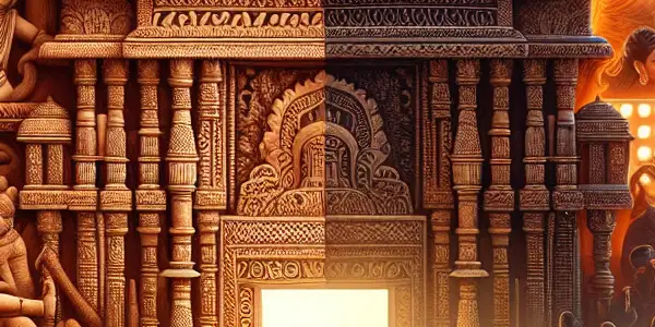 A split scene showcasing the evolution of Indian erotic art from ancient Kama Sutra to modern adult film culture.