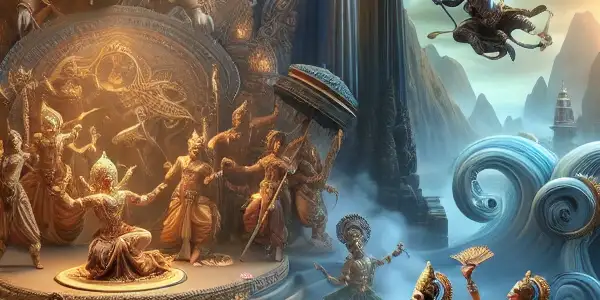 A vibrant scene of Krishna and Shiva in sensual poses amidst a mystical Indian landscape, blending mythology and desire.