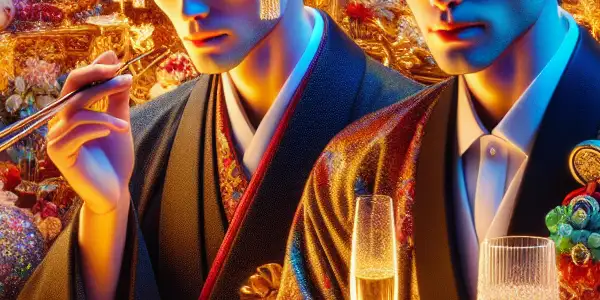 A glamorous yet hollow romantic scene depicting a couple in a staged moment, surrounded by contrasting elements of beauty and emptiness.