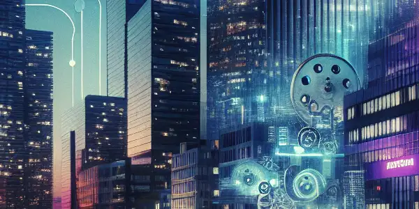 A vibrant urban cityscape at twilight, blending modern architecture with subtle hints of the adult film industry.