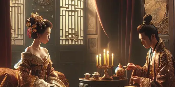 A passionate embrace between a courtesan and a scholar in a lavish ancient Chinese palace.