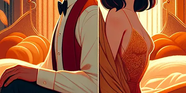 A passionate interaction between a male and female actor in a cozy, intimate bedroom setting.