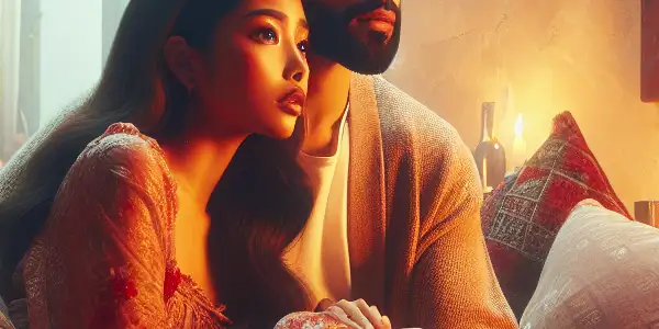 A couple shares an intimate moment watching an artistic film in a cozy, warmly lit living room.