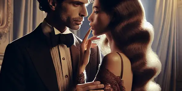 A passionate couple embraces in a luxurious, dimly lit Parisian bedroom, surrounded by vintage decor and romantic symbols.