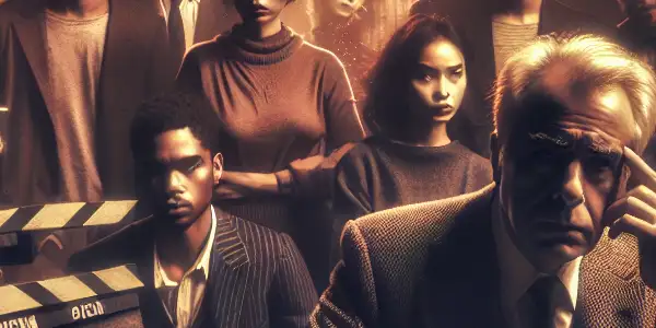 A dimly lit film studio with a conflicted director and young actors, hinting at exploitation in the adult industry.