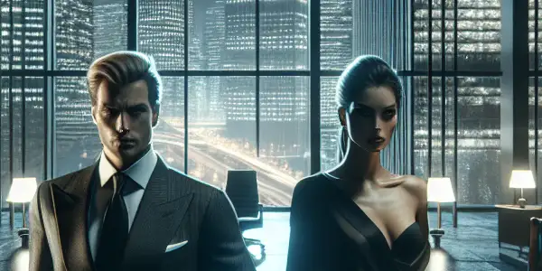 A charismatic politician and a captivating femme fatale in a dimly lit, opulent office with a cityscape backdrop.