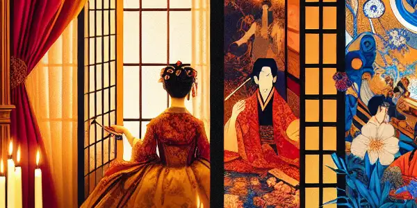 A split frame contrasting French erotic cinema's romantic settings with vibrant, dynamic scenes from Japanese AV films.