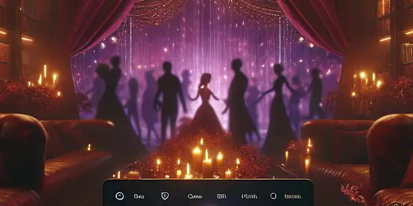 A luxurious, dimly lit room with an elegant bookshelf, a laptop showcasing adult content, and intimate silhouettes.