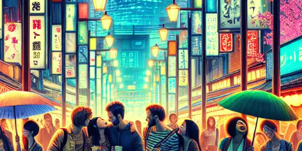 A vibrant Tokyo nightlife scene with travelers exploring neon-lit streets, blending romance and excitement amidst cultural elements.