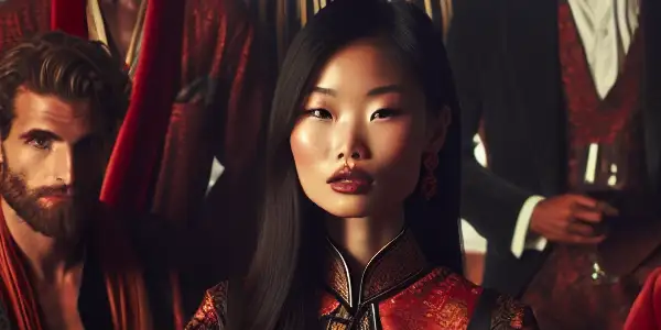 A confident woman with three diverse men in a luxurious living room, embodying a playful and intimate multi-partner relationship.