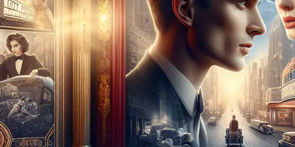 A luxurious cinema hall poster featuring glamorous adult film stars, intimate movie stills, and a sophisticated ambiance.