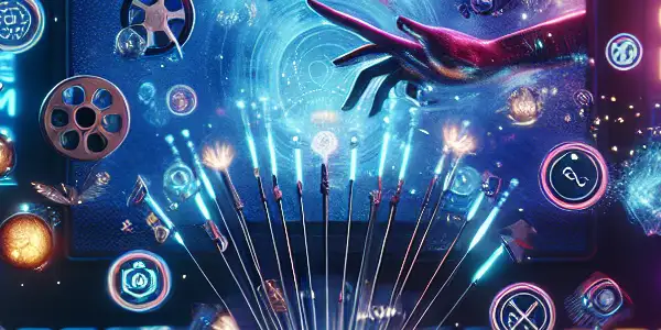 A futuristic entertainment lounge featuring neon lights and screens showcasing adult Japanese AV content in a sleek interface.