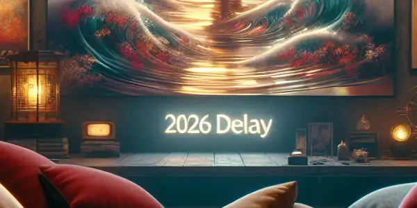 A cozy home theater with a couch, dream-like visuals, and elements symbolizing time and sensuality.