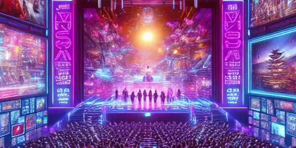 A vibrant, neon-lit cinema hall showcasing diverse audiences enjoying VR screenings of Japanese adult films at a futuristic festival.