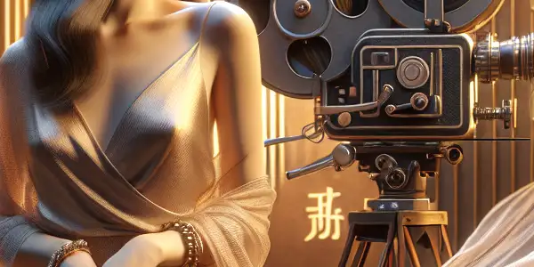 A confident actress in elegant attire poses on a film set, embodying the essence of Japanese adult film culture.