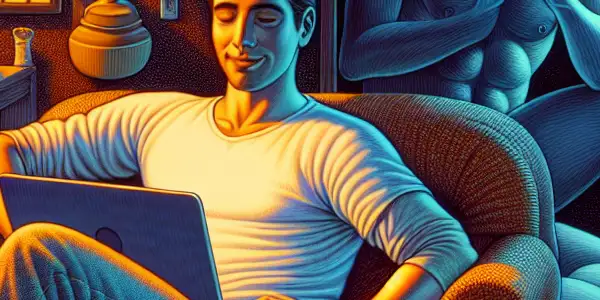 A person in a cozy room contemplates digital media risks, surrounded by modern devices and symbolic representations of caution.