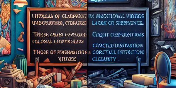 A split scene contrasting a chaotic room of emotional confusion with a serene space of clarity and understanding.