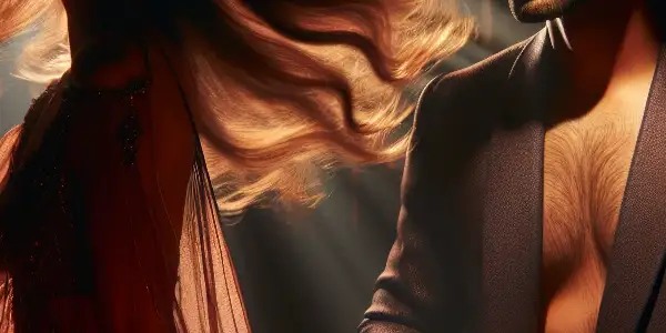 A passionate encounter between a woman in a silk dress and a charismatic man in an elegant, dimly lit room.