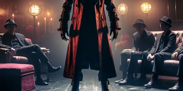 A dramatic film set featuring a sinister antagonist amidst shadowy figures, reflecting complex emotional conflicts and moral ambiguity.