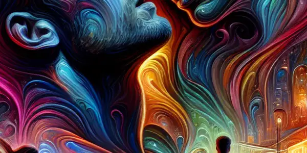 A tense urban scene depicting a man and woman in emotional conflict, surrounded by silhouettes and chaotic relationships.