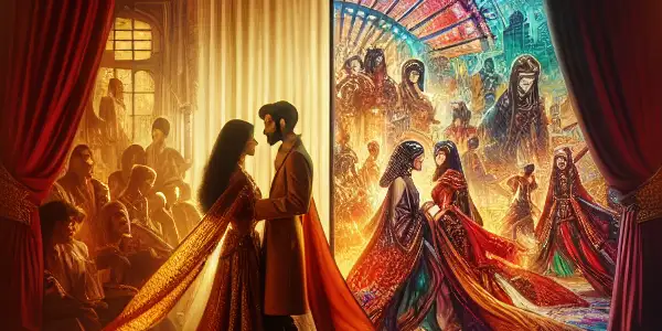 A luxurious room split between passionate European and stylized Japanese adult film scenes, emphasizing intimacy and fantasy.