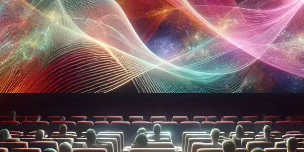 A luxurious cinema scene with diverse couples enjoying a vibrant film, featuring plush seating and ambient lighting.