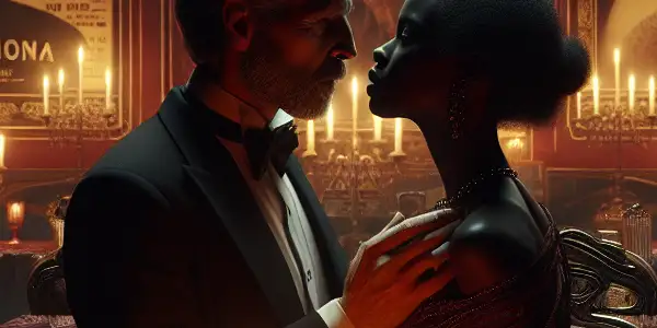 A couple shares an intimate moment in a dimly lit, elegantly decorated room filled with rich colors and soft fabrics.