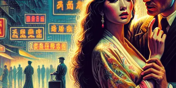 A passionate couple exchanges glances on a neon-lit Hong Kong street, evoking 1980s erotic cinema.