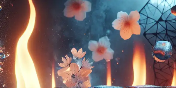 A captivating scene of glistening ice cubes and dancing flames, evoking sensuality and tension through contrasting elements.