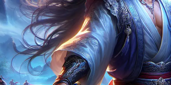 A rugged swordsman stands confidently in a mystical Chinese landscape, surrounded by martial artists and a femme fatale.