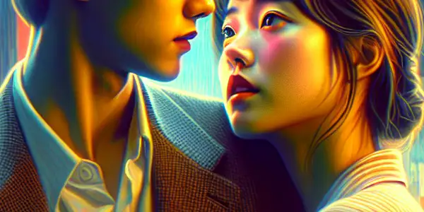 A young man and woman share an intimate moment in a modern South Korean urban setting, evoking emotional depth.