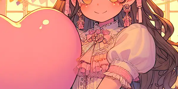 A cheerful room with a naive girl holding a heart-shaped balloon, surrounded by playful decorations and warm colors.